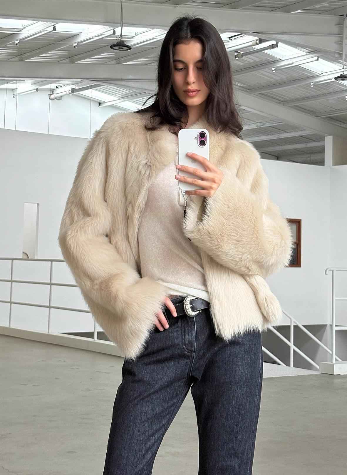 Fireladyfur Women's Casual Drop Shoulder Stand Collar Sheepskin Coat"Practical Wearism" - variant_title