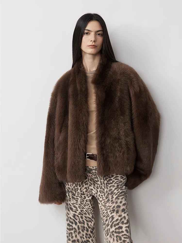 Fireladyfur Women's Casual Drop Shoulder Stand Collar Sheepskin Coat"Practical Wearism" - variant_title