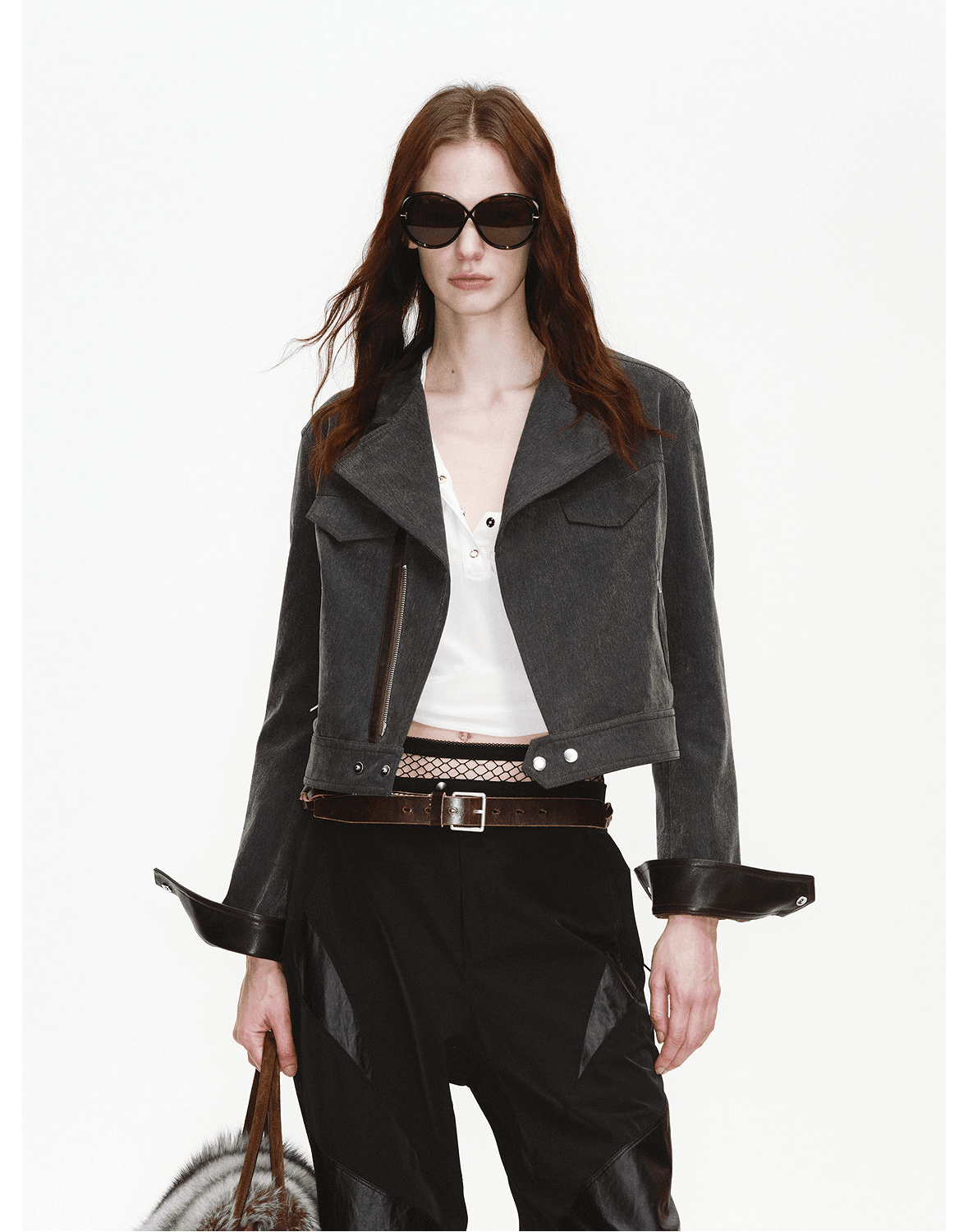 FireladyFur Women's Cropped Biker Jacket - Flocked Denim Moto Coat