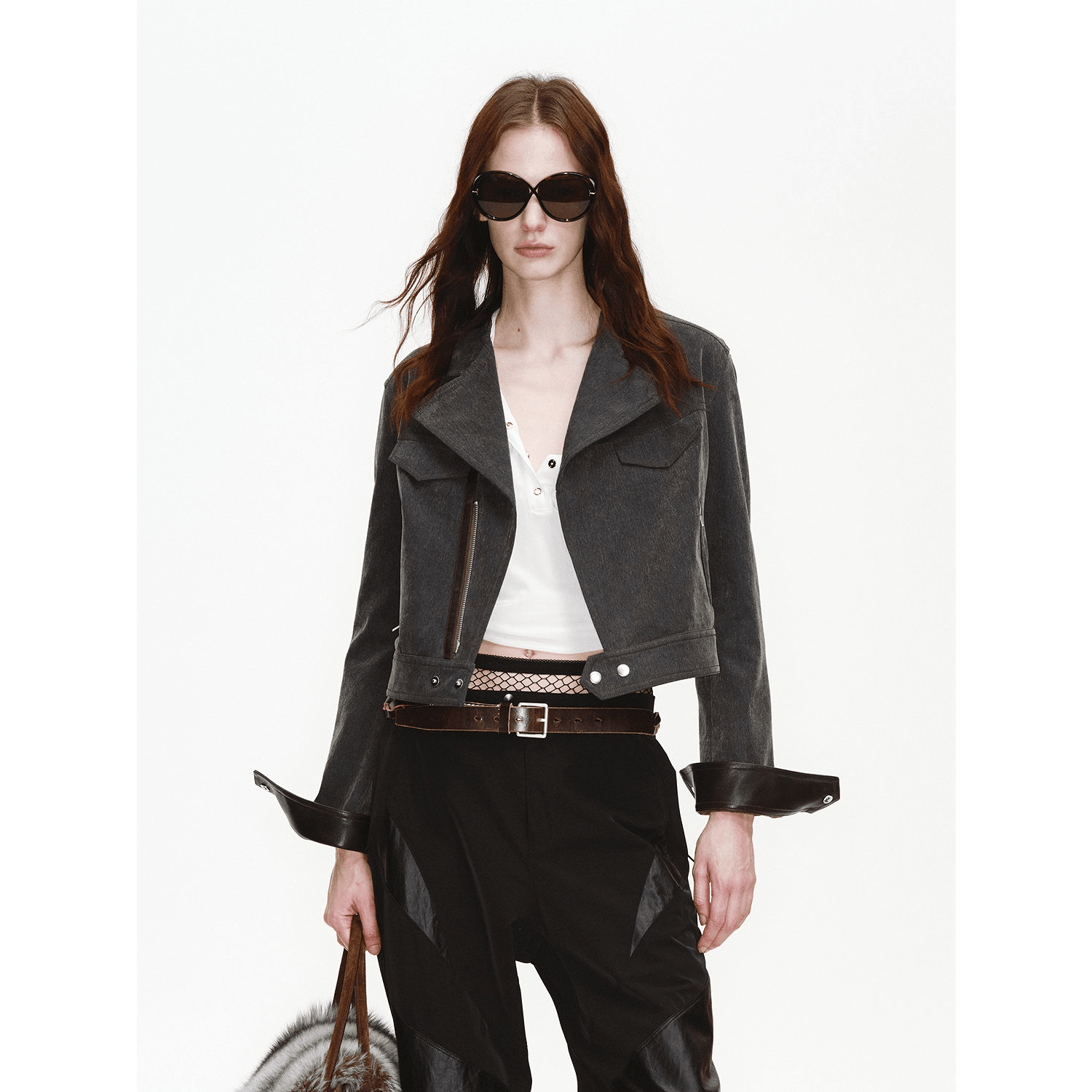FireladyFur Women's Cropped Biker Jacket - Flocked Denim Moto Coat