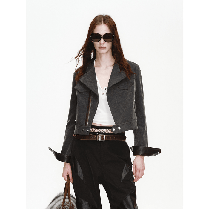 Flocked denim biker jacket visual for comparing outerwear care expectations