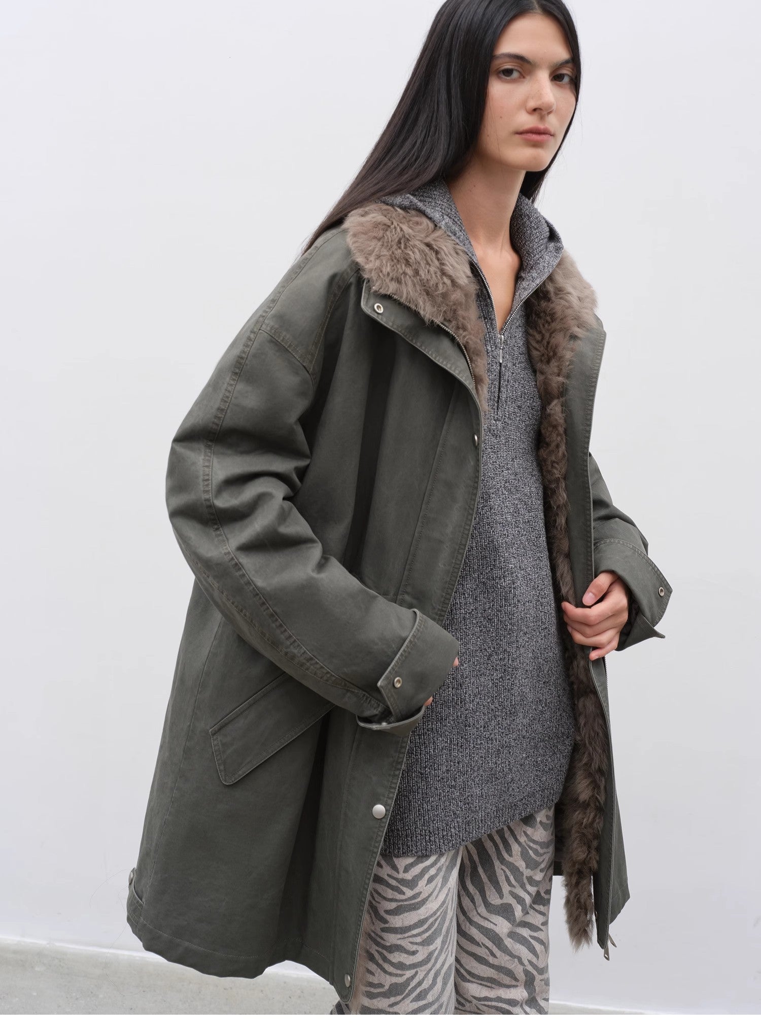 Fireladyfur Women's Detachable Goose Down Parka "Cool Denim" - variant_title