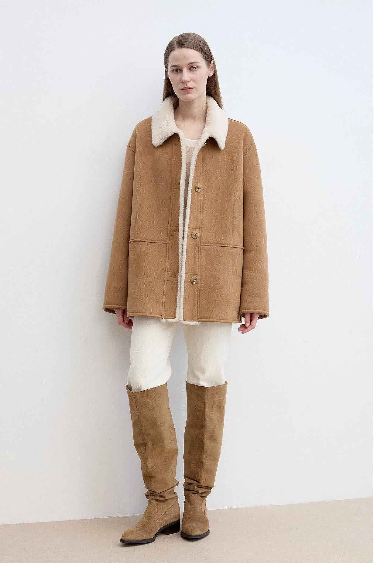 Fireladyfur Women's Faux Leather Shearling Jacket - Casual Furry Lapel Wool Coat - variant_title