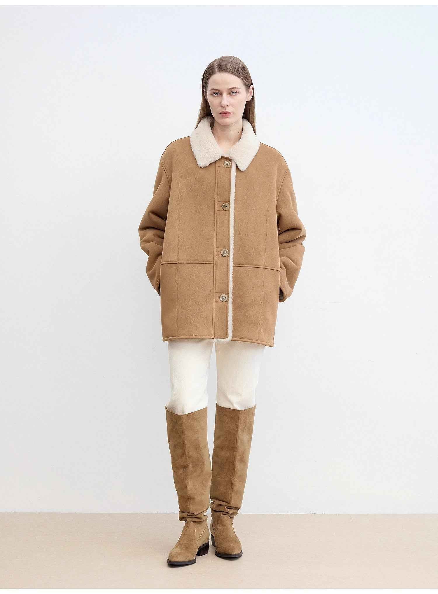 Fireladyfur Women's Faux Leather Shearling Jacket - Casual Furry Lapel Wool Coat - variant_title