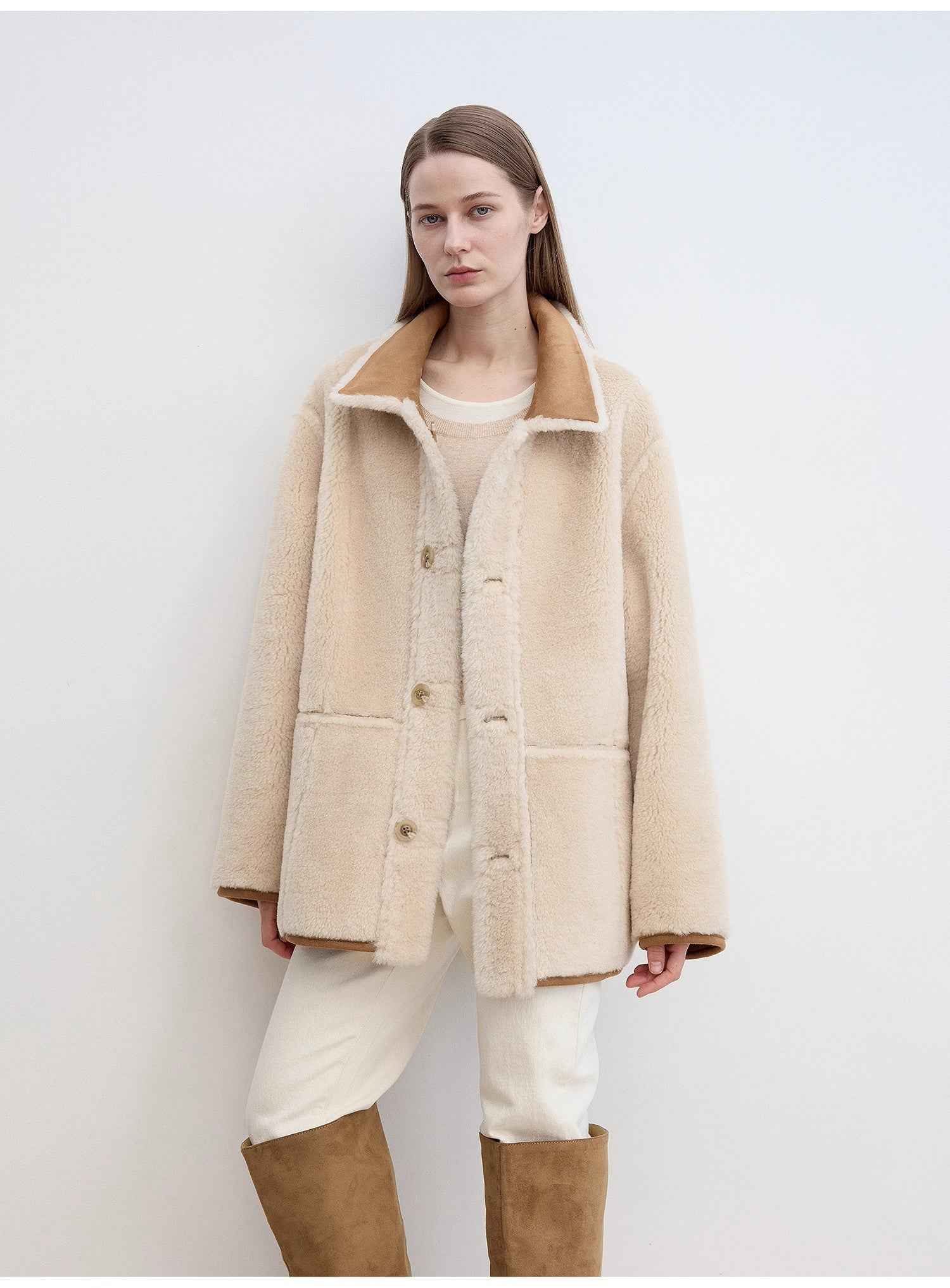 Fireladyfur Women's Faux Leather Shearling Jacket - Casual Furry Lapel Wool Coat - variant_title