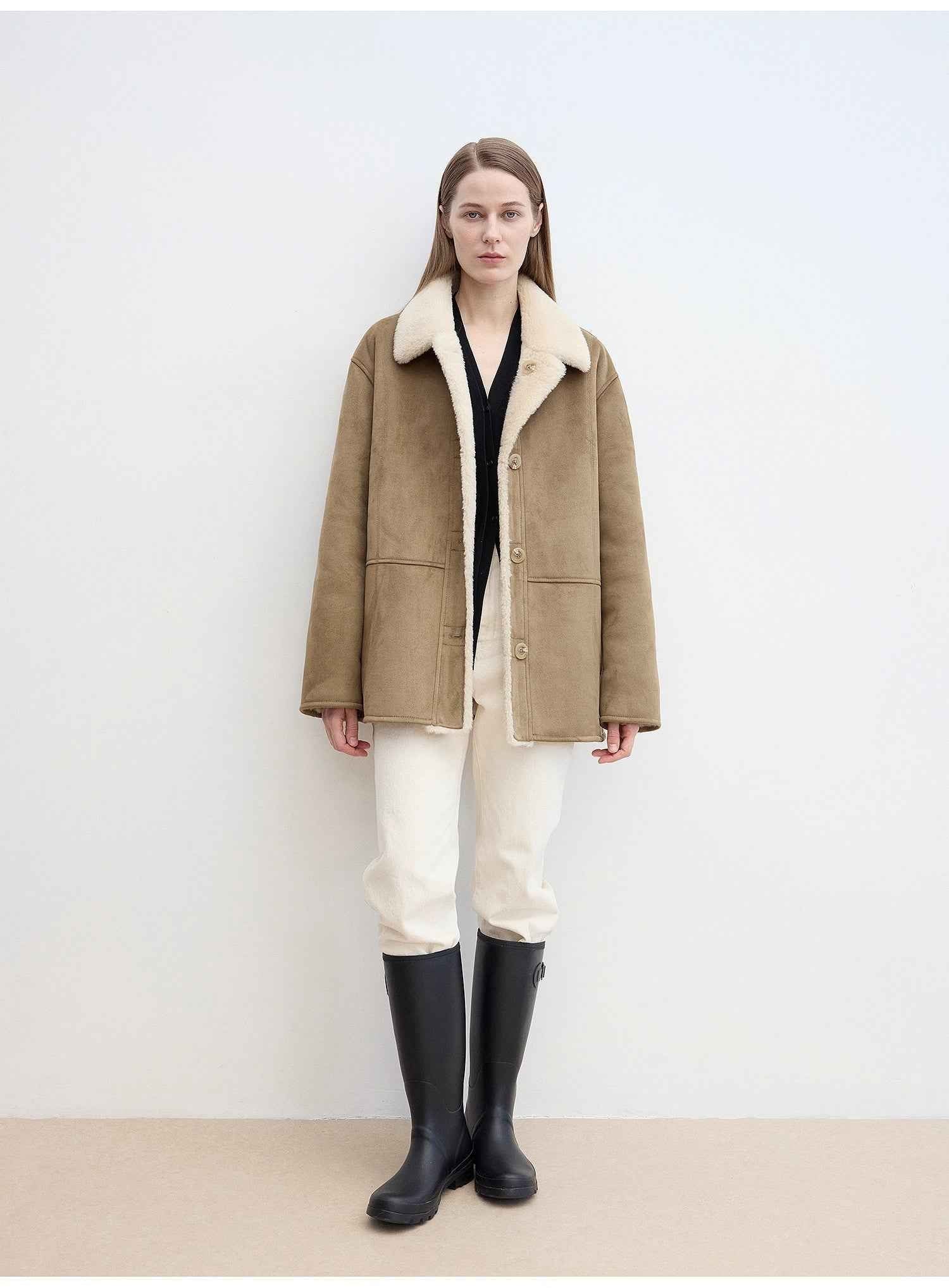 Fireladyfur Women's Faux Leather Shearling Jacket - Casual Furry Lapel Wool Coat - variant_title