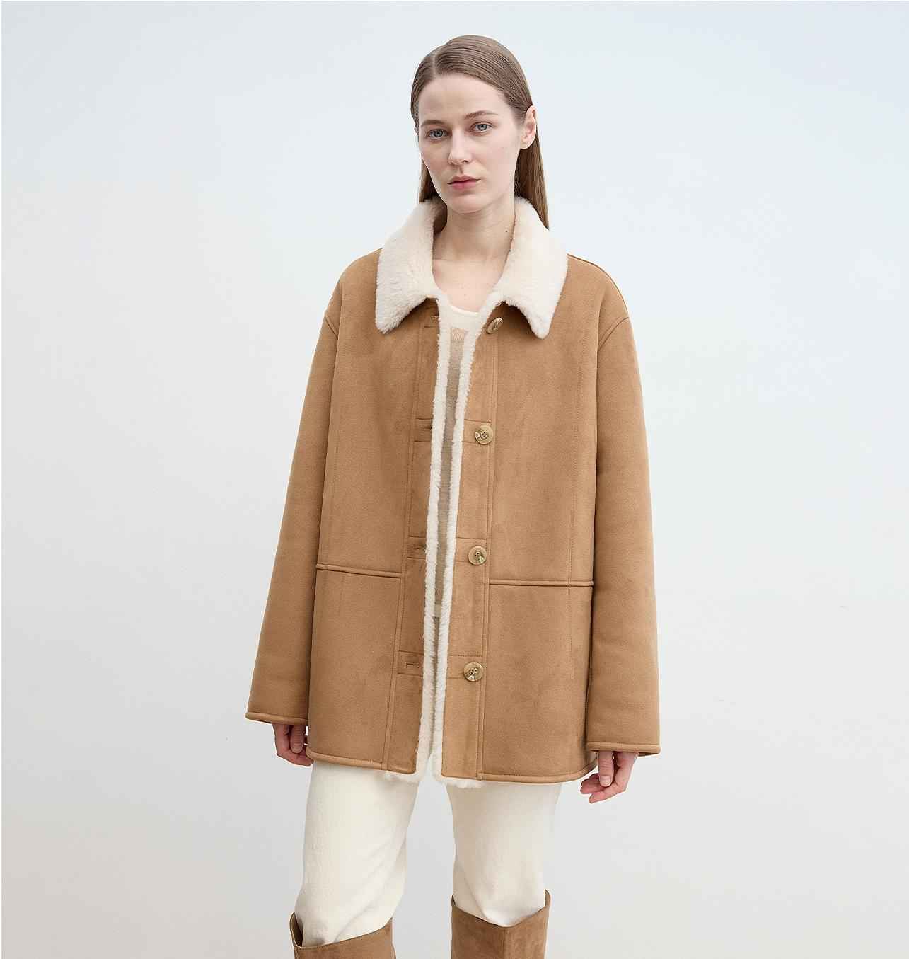 Fireladyfur Women's Faux Leather Shearling Jacket - Casual Furry Lapel Wool Coat - variant_title