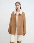 Fireladyfur Women's Faux Leather Shearling Jacket - Casual Furry Lapel Wool Coat - variant_title