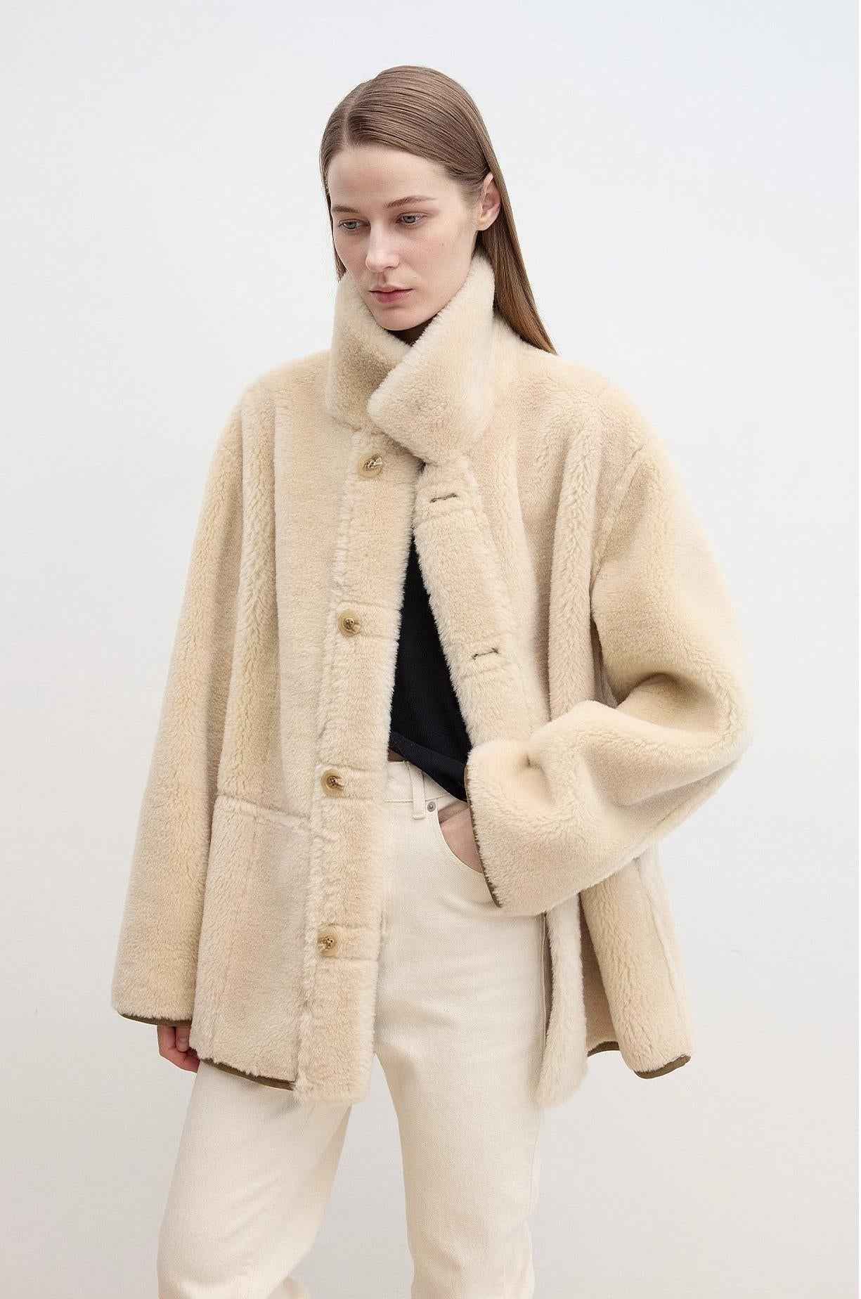 Fireladyfur Women's Faux Leather Shearling Jacket - Casual Furry Lapel Wool Coat - variant_title