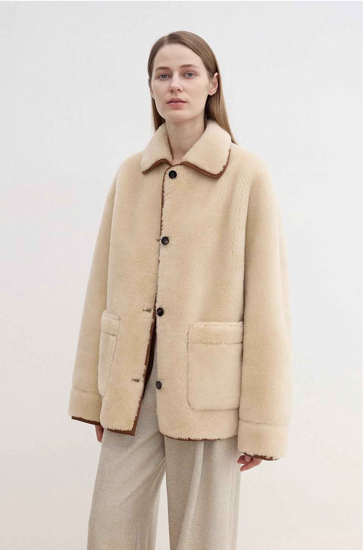 Fireladyfur Women's Faux Leather Shearling Jacket - Furry Lapel Casual Straight Wool Coat - variant_title