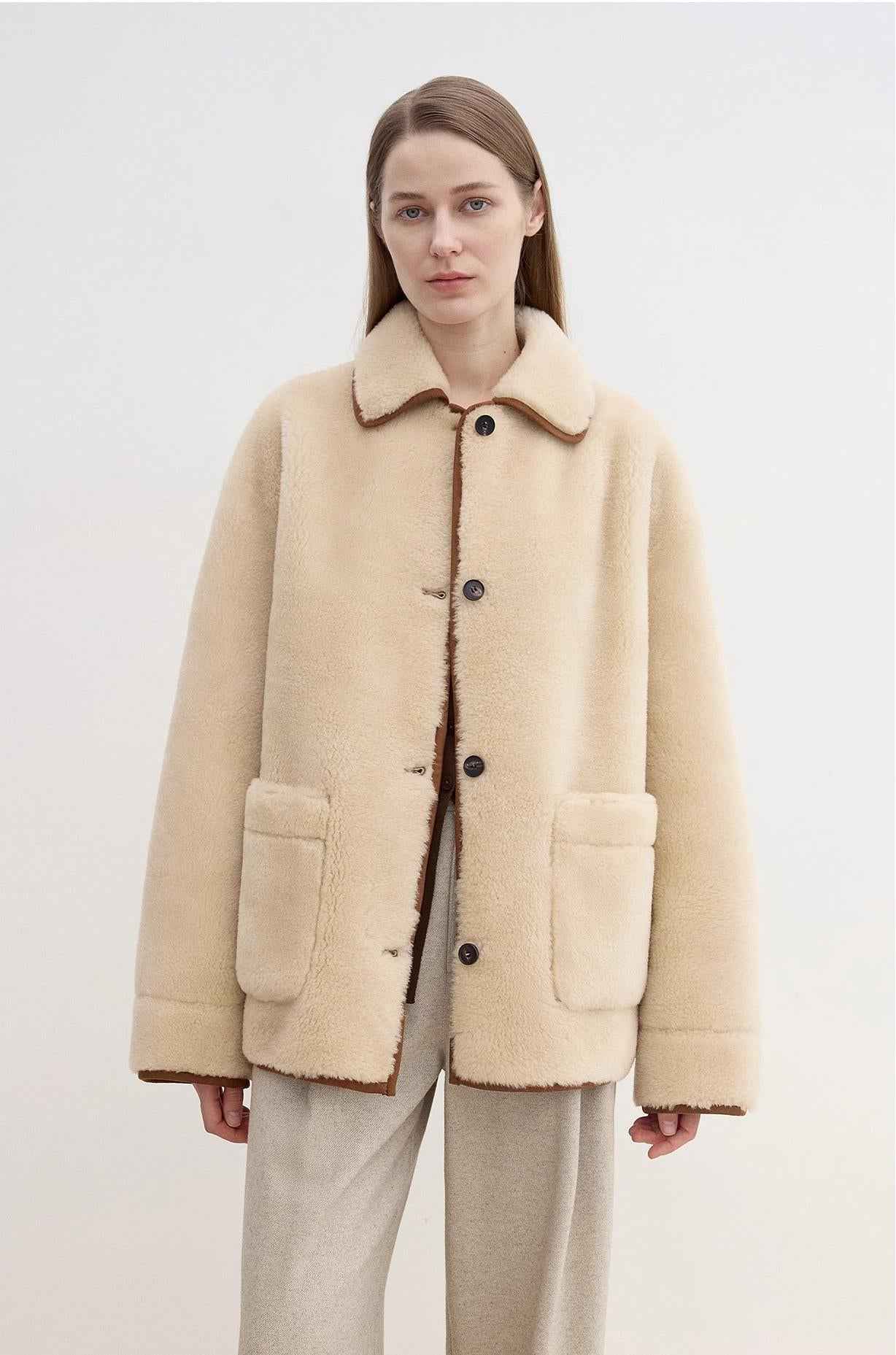Fireladyfur Women's Faux Leather Shearling Jacket - Furry Lapel Casual Straight Wool Coat - variant_title