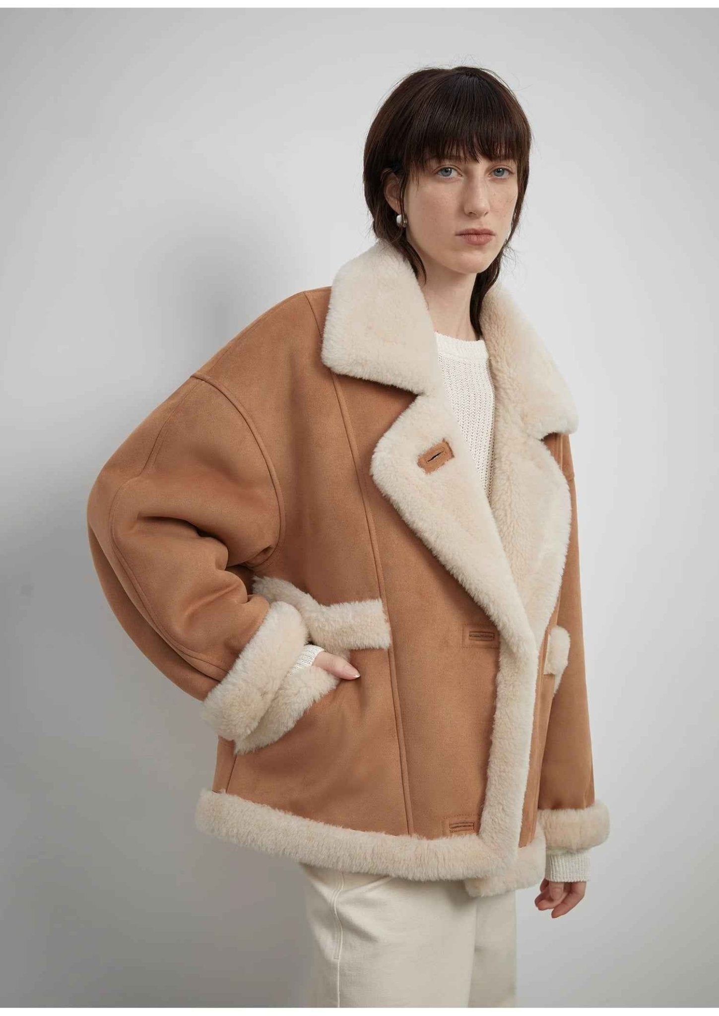 Fireladyfur Women's Faux Leather Shearling Jacket - Lapel Biker Style Wool Suede Coat - variant_title