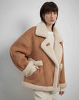 Fireladyfur Women's Faux Leather Shearling Jacket - Lapel Biker Style Wool Suede Coat - variant_title