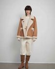 Fireladyfur Women's Faux Leather Shearling Jacket - Lapel Biker Style Wool Suede Coat - variant_title