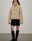 Fireladyfur Women's Faux Leather Shearling Jacket - Long Reversible Wool Coat Christmas Elk Design - variant_title