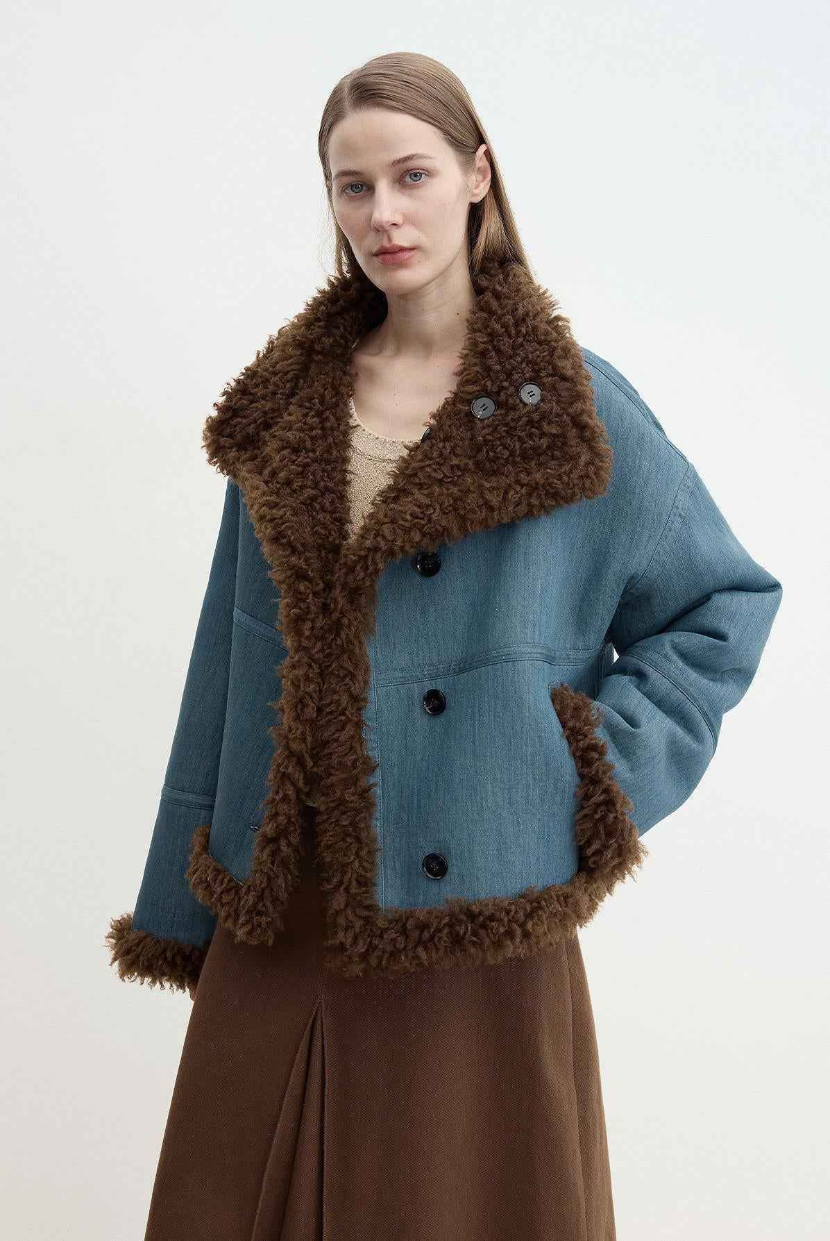Fireladyfur Women's Faux Leather Shearling Jacket - Long Reversible Wool Coat Christmas Elk Design - variant_title