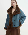 Fireladyfur Women's Faux Leather Shearling Jacket - Long Reversible Wool Coat Christmas Elk Design - variant_title