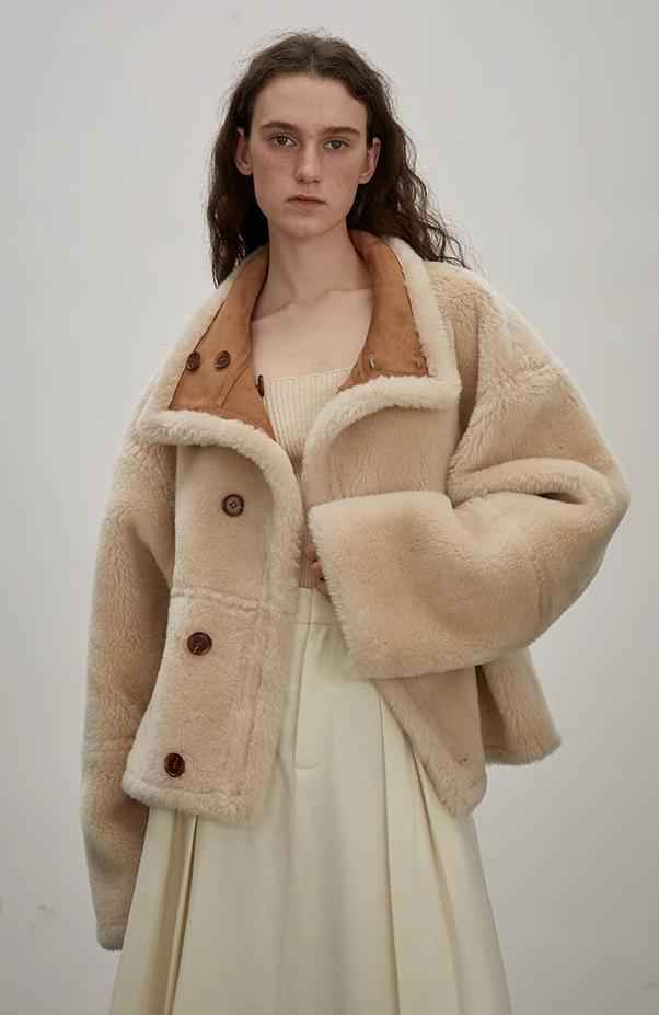 Fireladyfur Women's Faux Leather Shearling Jacket - Long Reversible Wool Coat Christmas Elk Design - variant_title
