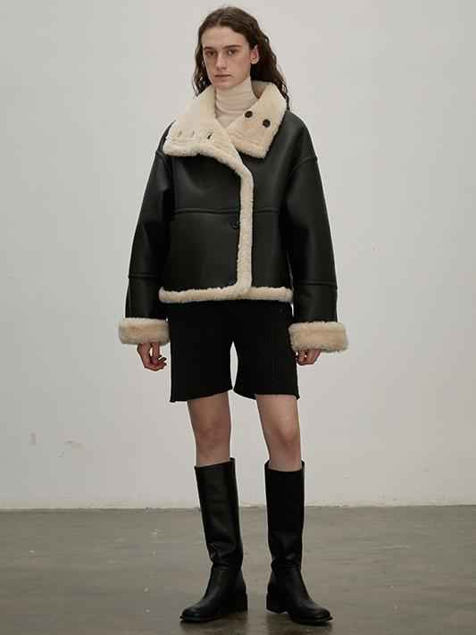Fireladyfur Women's Faux Leather Shearling Jacket - Long Reversible Wool Coat Christmas Elk Design - variant_title