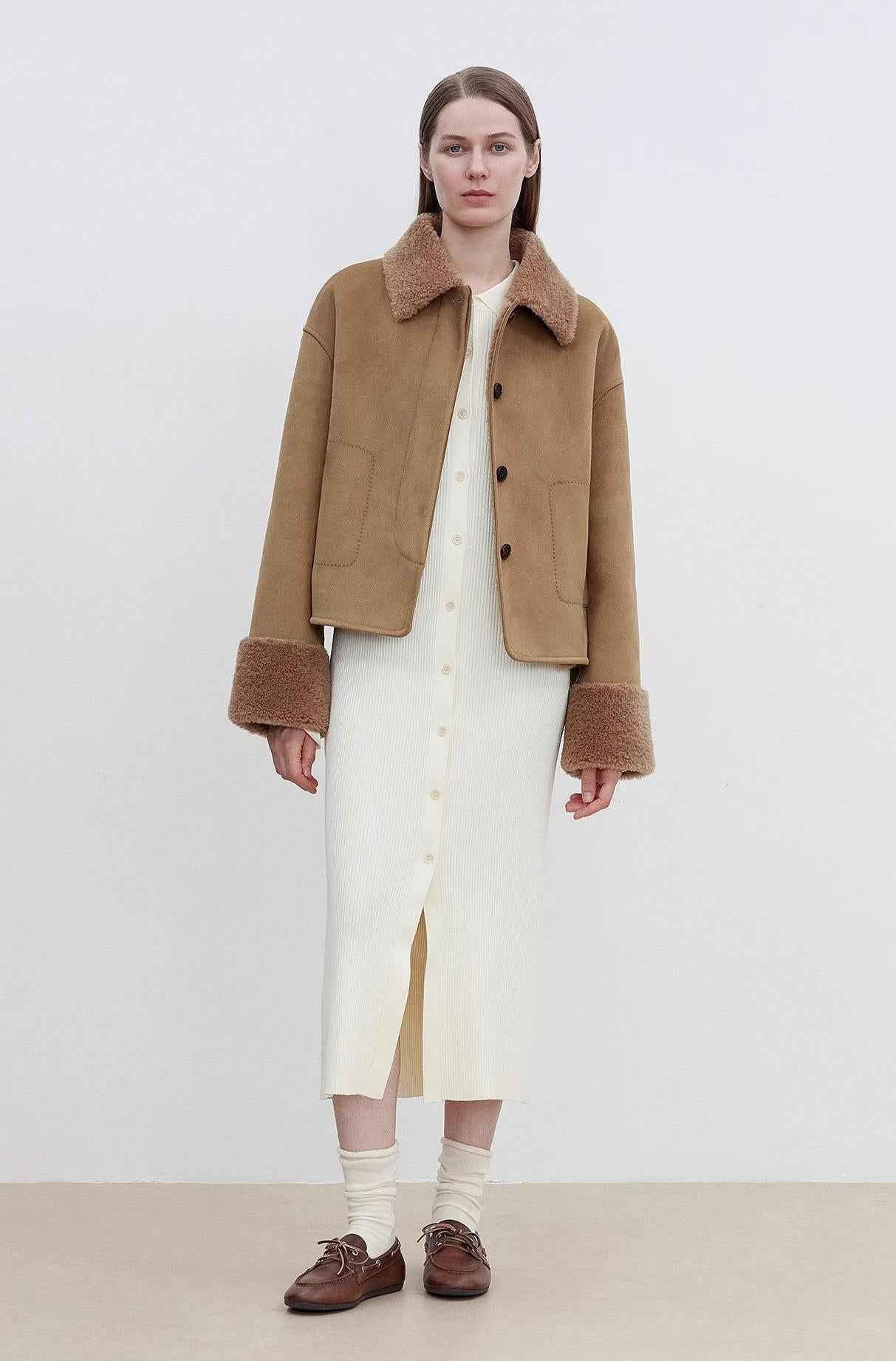 Fireladyfur Women's Faux Leather Shearling Jacket - Long Wool Suede Coat Winter Style - variant_title