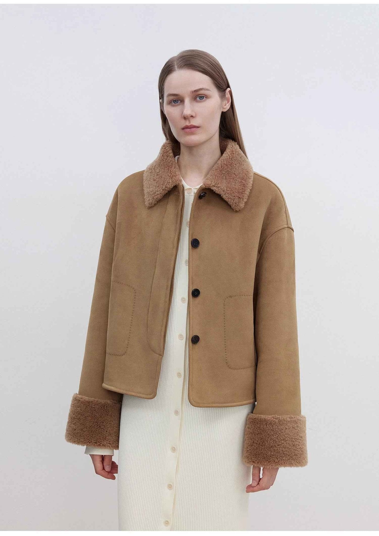 Fireladyfur Women's Faux Leather Shearling Jacket - Long Wool Suede Coat Winter Style - variant_title