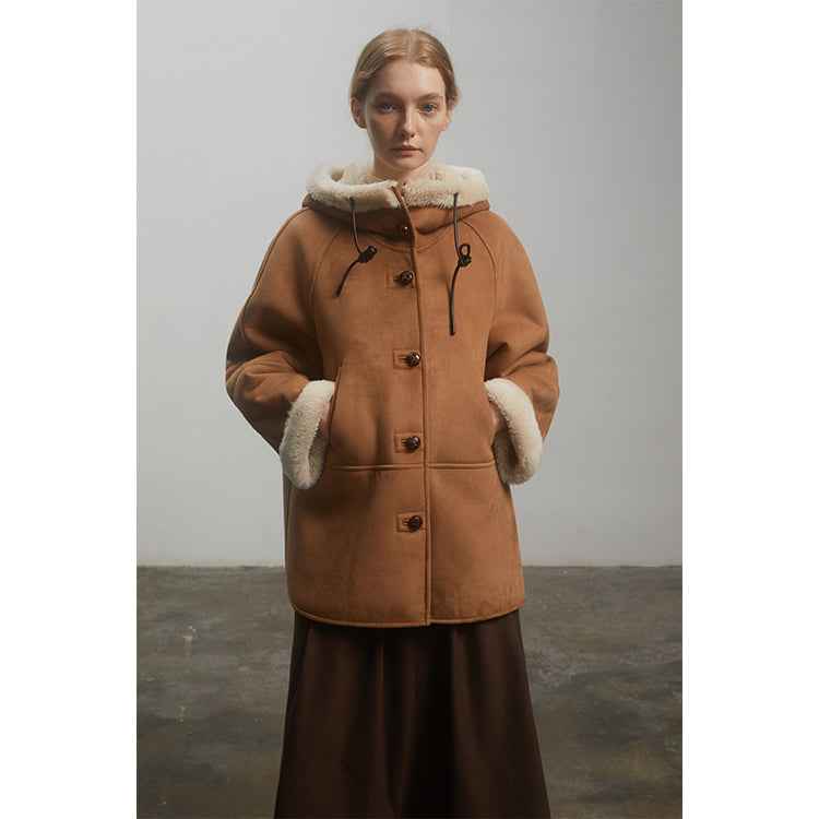 Fireladyfur Women's Faux Leather Shearling Jacket - Short Hooded Reversible Winter Coat Danish Style - variant_title