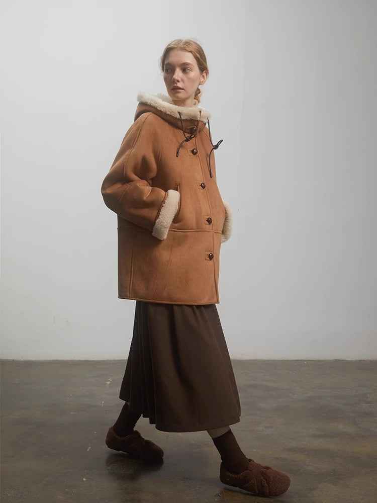 Fireladyfur Women's Faux Leather Shearling Jacket - Short Hooded Reversible Winter Coat Danish Style - variant_title
