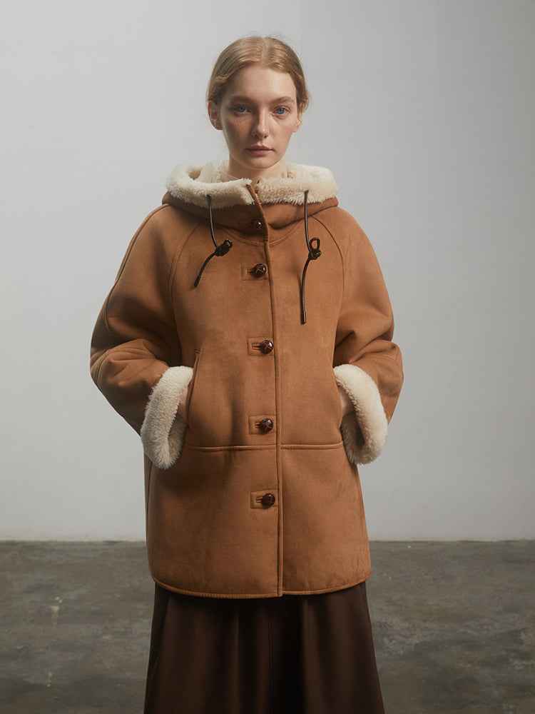 Fireladyfur Women's Faux Leather Shearling Jacket - Short Hooded Reversible Winter Coat Danish Style - variant_title