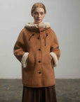 Fireladyfur Women's Faux Leather Shearling Jacket - Short Hooded Reversible Winter Coat Danish Style - variant_title