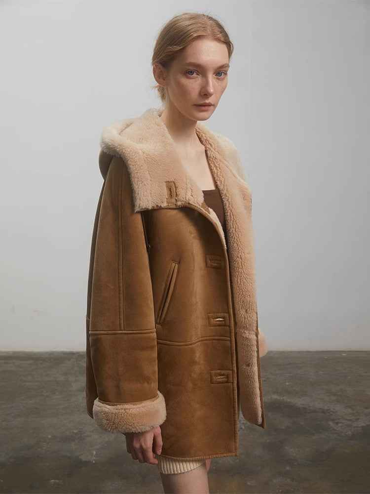 Fireladyfur Women's Faux Leather Shearling Jacket - Short Hooded Reversible Winter Coat Danish Style - variant_title