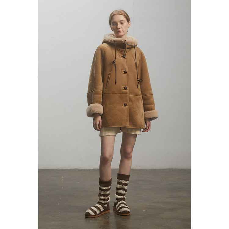 Fireladyfur Women's Faux Leather Shearling Jacket - Short Hooded Reversible Winter Coat Danish Style - variant_title