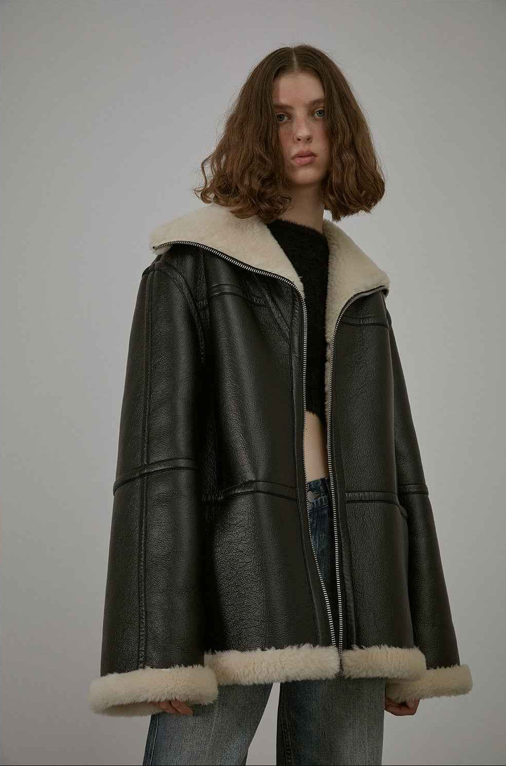 Fireladyfur Women's Faux Leather Shearling Jacket - Short Lapel Wool Coat Vintage - variant_title
