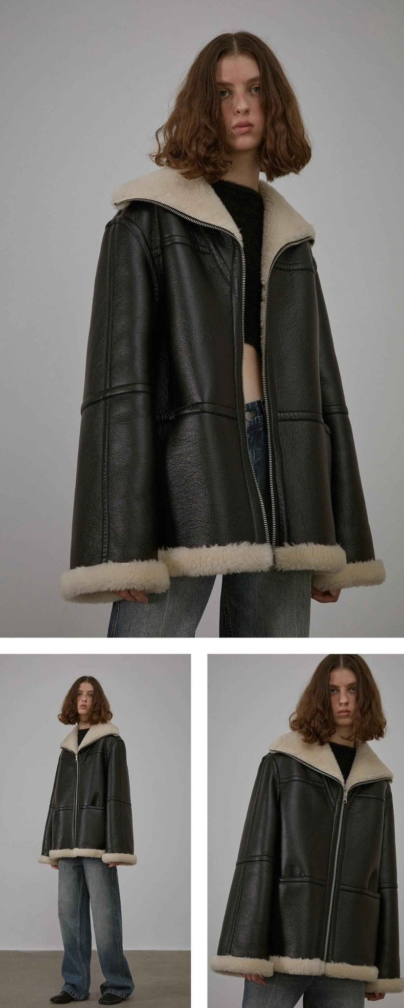 Fireladyfur Women's Faux Leather Shearling Jacket - Short Lapel Wool Coat Vintage - variant_title