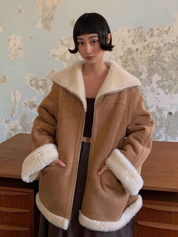 Fireladyfur Women's Faux Leather Shearling Jacket - Short Lapel Wool Coat Vintage - variant_title