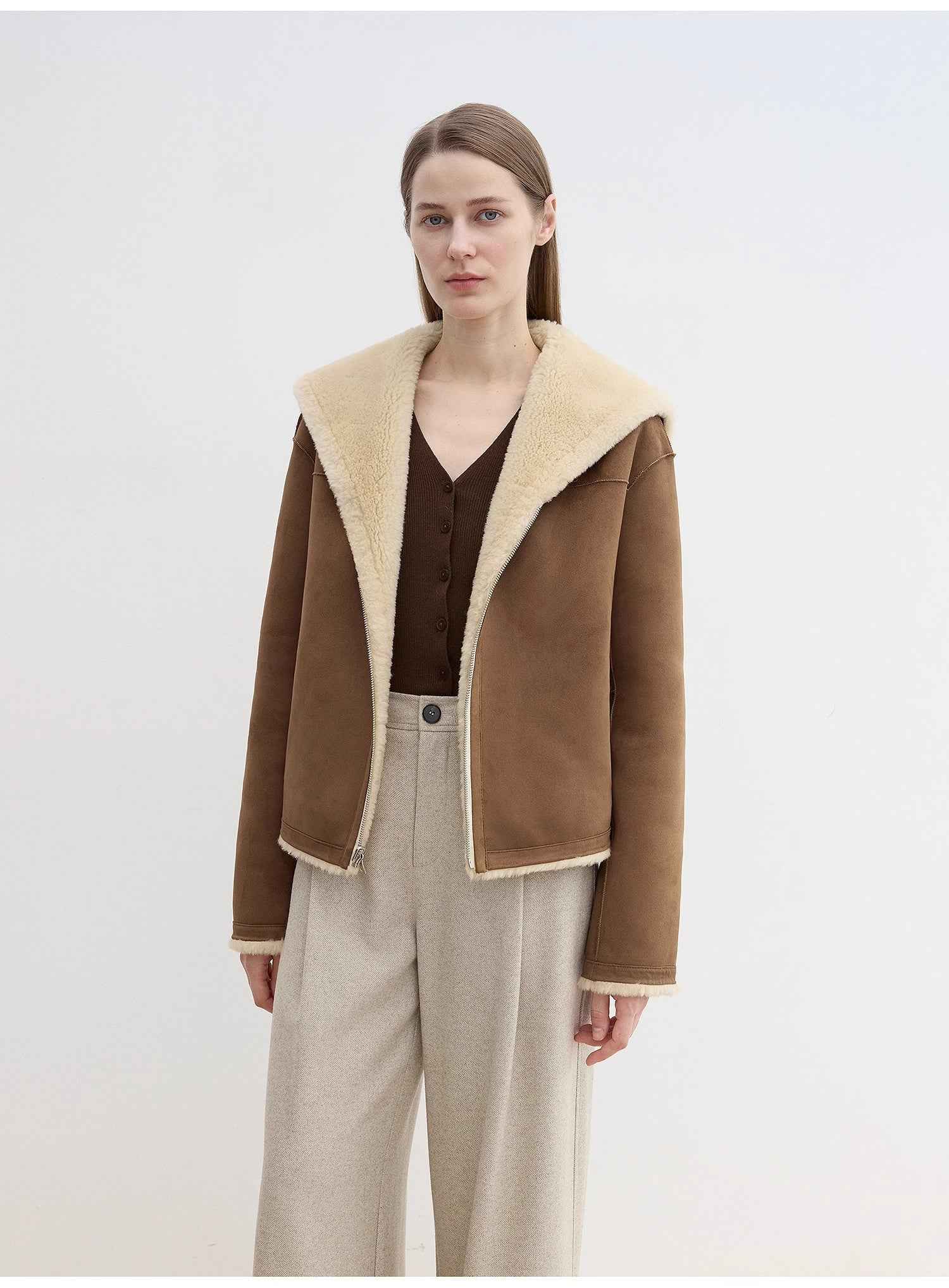 Fireladyfur Women's Faux Leather Shearling Jacket - Wool Suede Navy Collar Coat - variant_title
