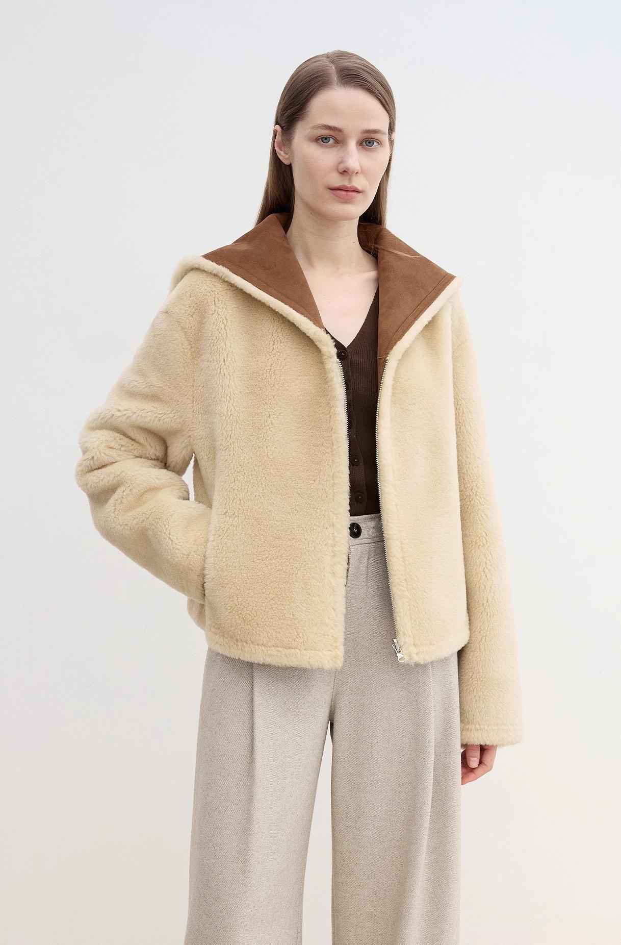 Fireladyfur Women's Faux Leather Shearling Jacket - Wool Suede Navy Collar Coat - variant_title