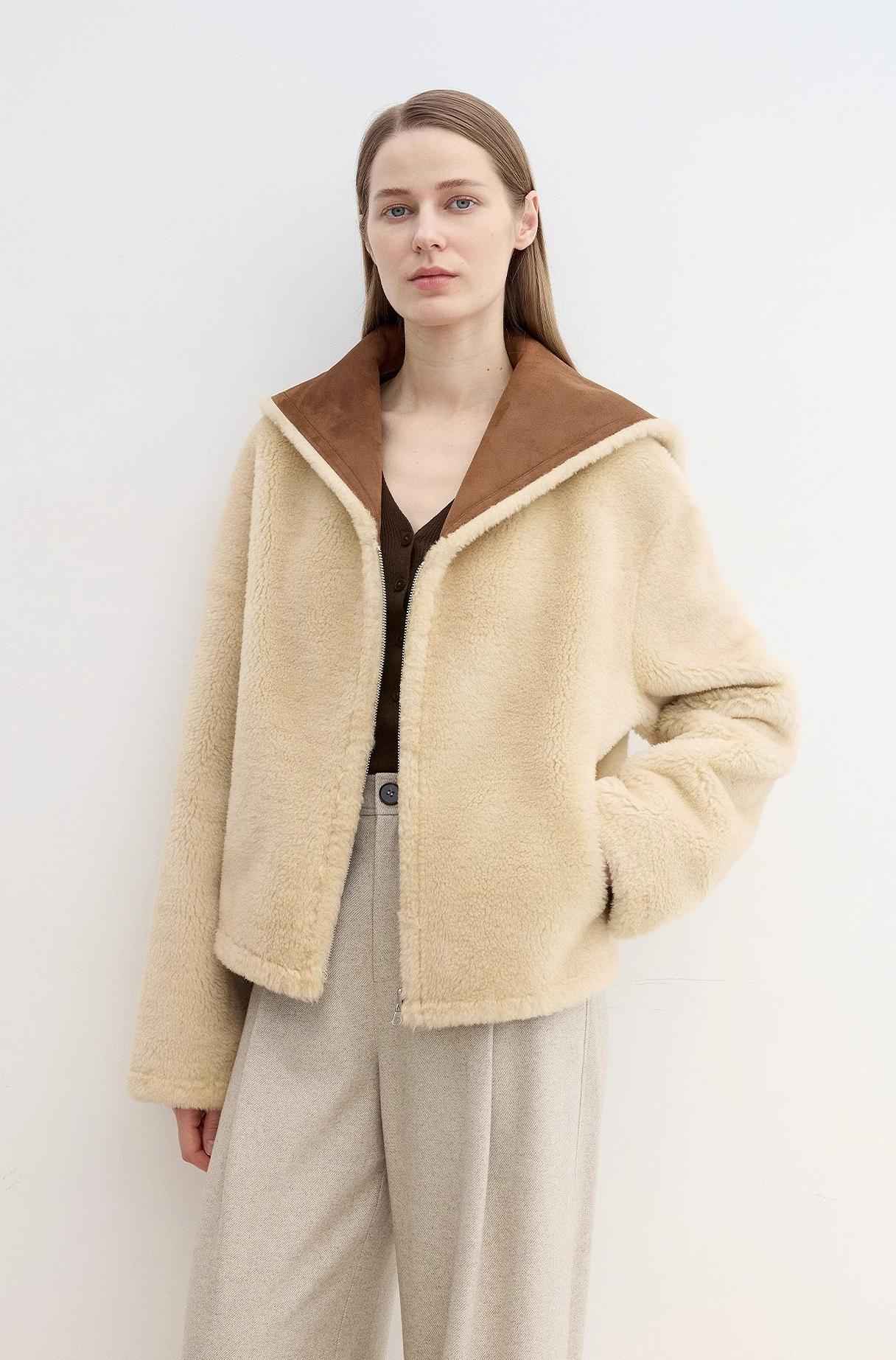 Fireladyfur Women's Faux Leather Shearling Jacket - Wool Suede Navy Collar Coat - variant_title