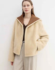 Fireladyfur Women's Faux Leather Shearling Jacket - Wool Suede Navy Collar Coat - variant_title