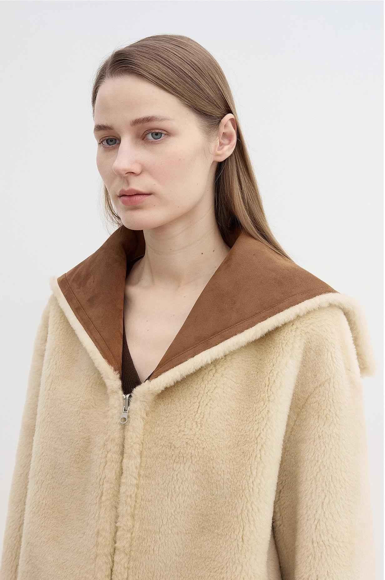 Fireladyfur Women's Faux Leather Shearling Jacket - Wool Suede Navy Collar Coat - variant_title