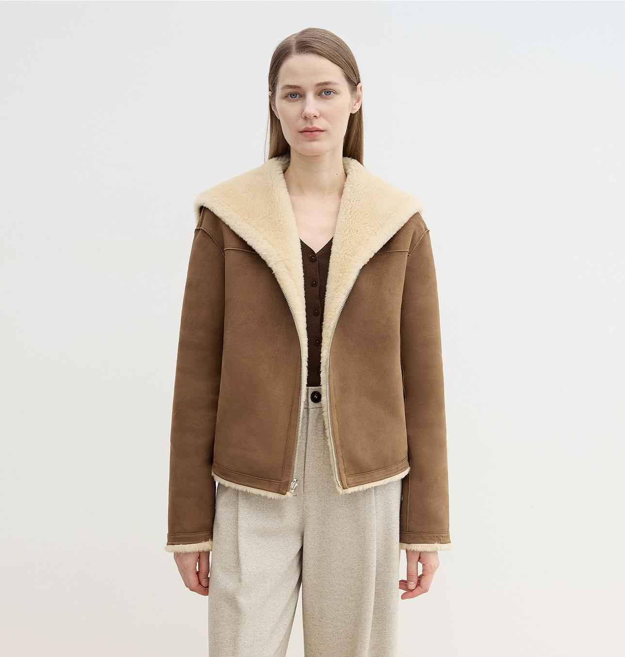 Fireladyfur Women's Faux Leather Shearling Jacket - Wool Suede Navy Collar Coat - variant_title