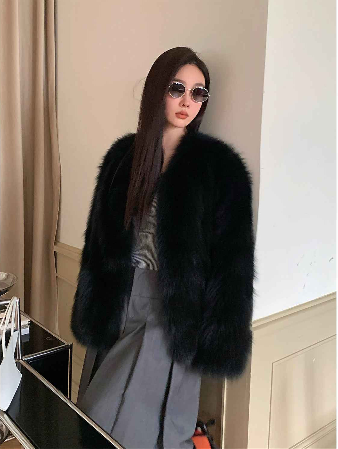 Fireladyfur Women's Finland Saga Fox Fur Fashion Cardigan“Black Sugar” - variant_title