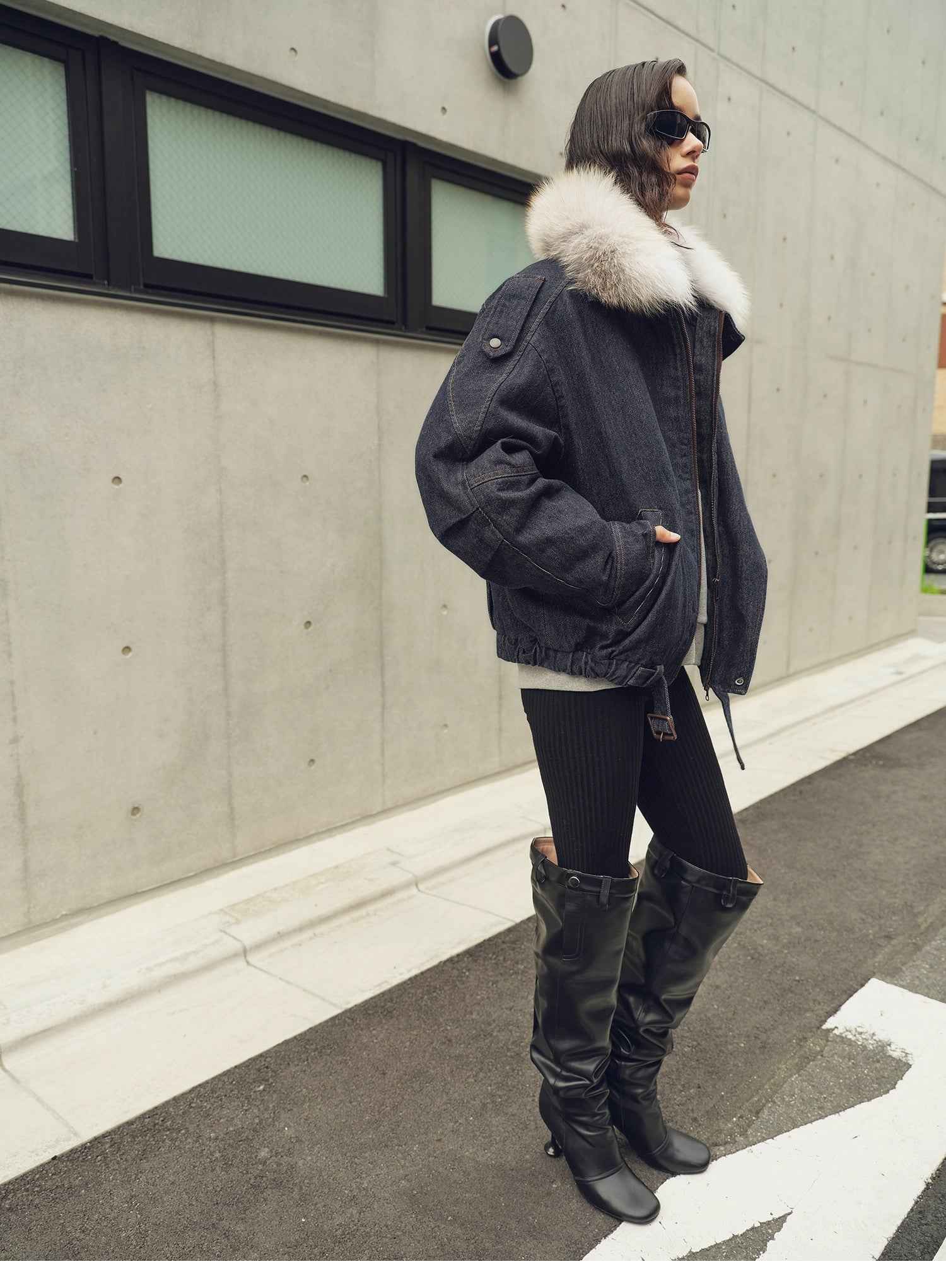 Fireladyfur Women's Flocked Denim Goose Down Parka with Detachable