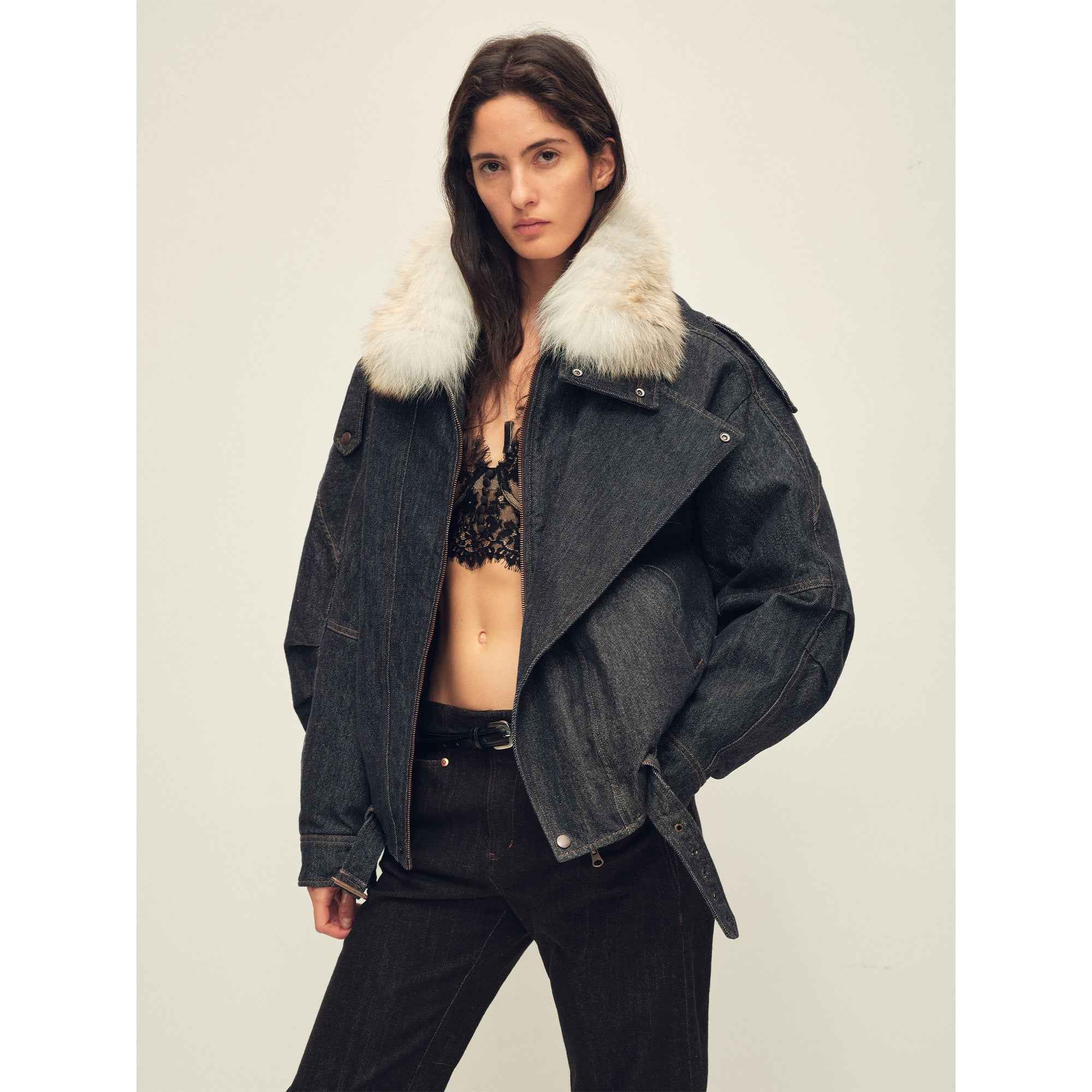 Fireladyfur Women’s Flocked Denim Goose Down Parka with Detachable Fox Fur Collar“City Travel” - variant_title