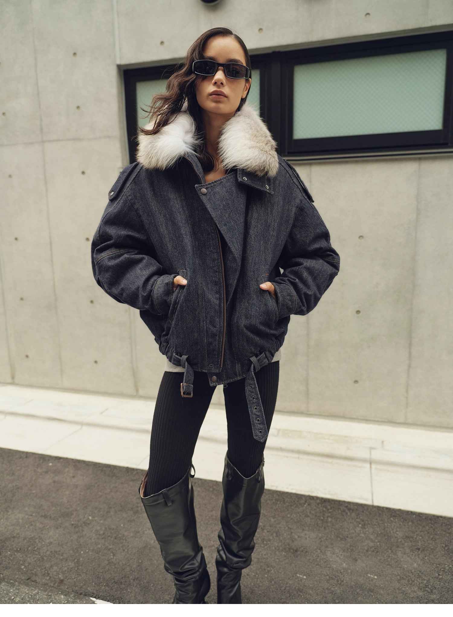 Fireladyfur Women's Flocked Denim Goose Down Parka with Detachable