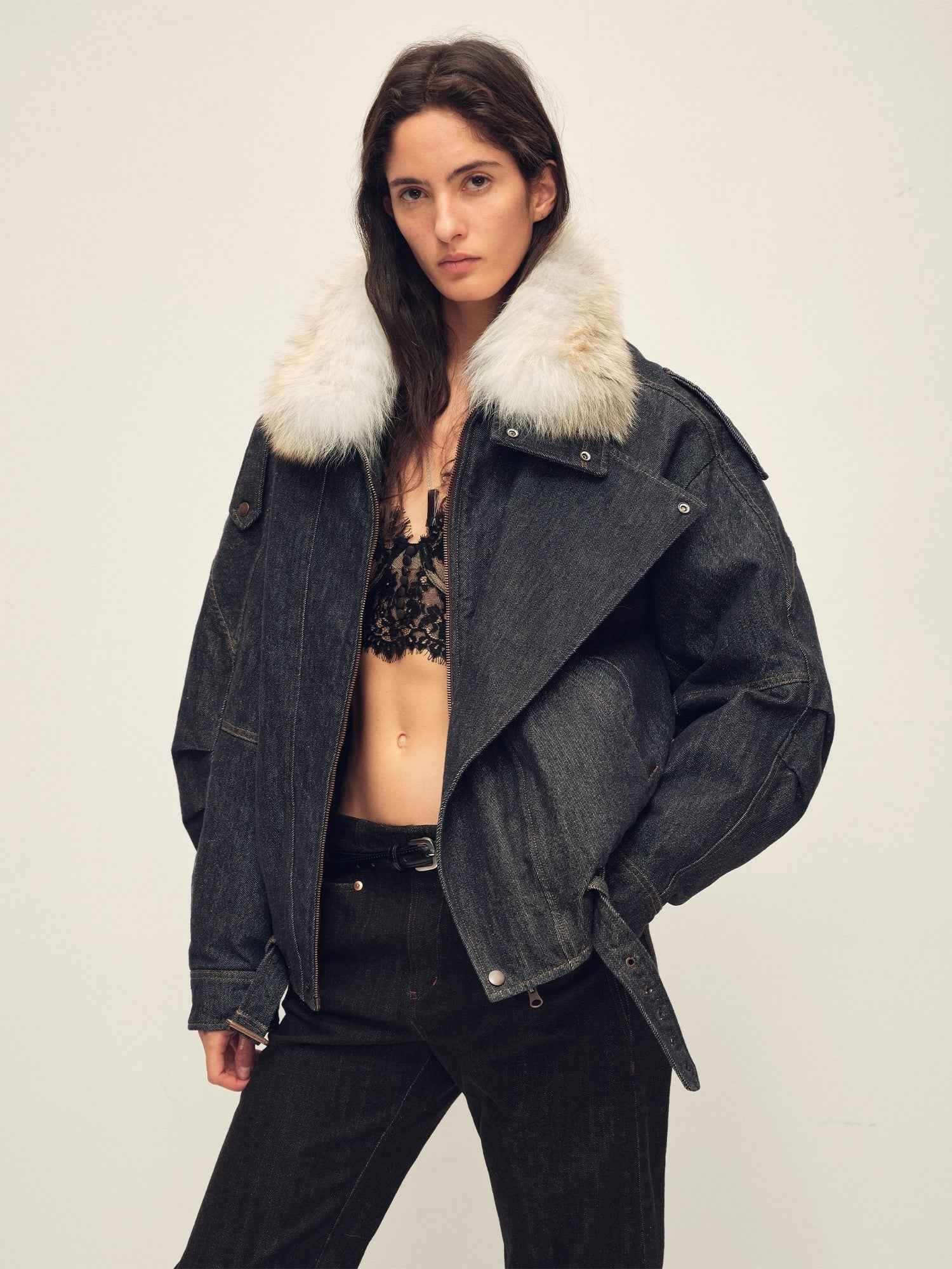 Fireladyfur Women’s Flocked Denim Goose Down Parka with Detachable Fox Fur Collar“City Travel” - variant_title