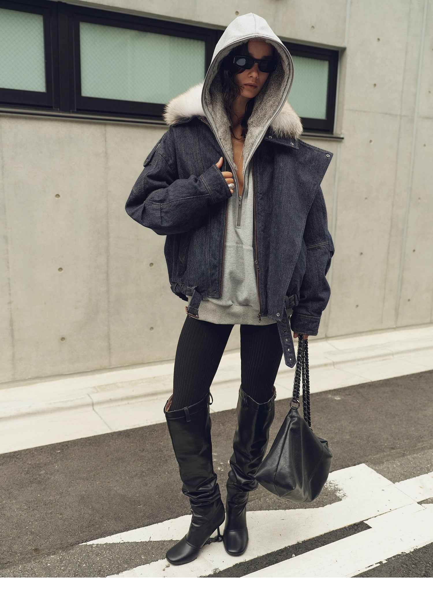 Fireladyfur Women’s Flocked Denim Goose Down Parka with Detachable Fox Fur Collar“City Travel” - variant_title