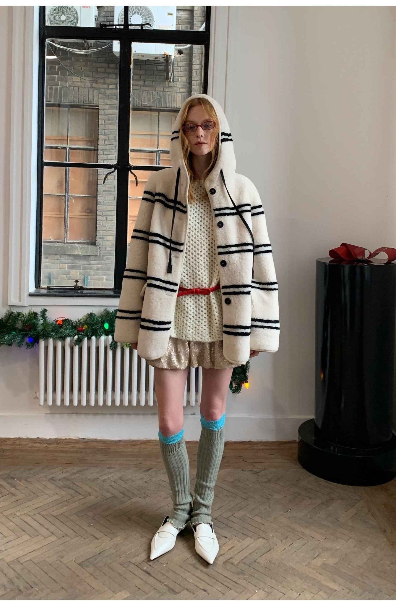 Fireladyfur Women's Lamb Wool Striped Jacket“Snowy New Year” - variant_title