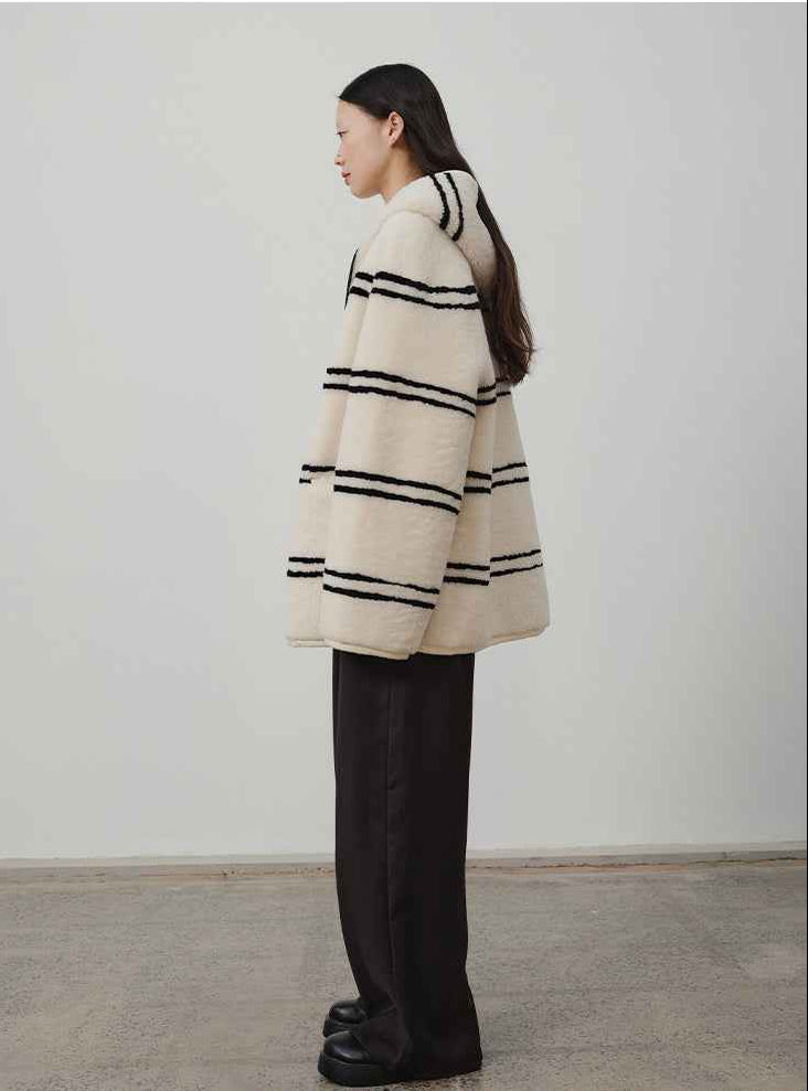 Fireladyfur Women's Lamb Wool Striped Jacket“Snowy New Year” - variant_title