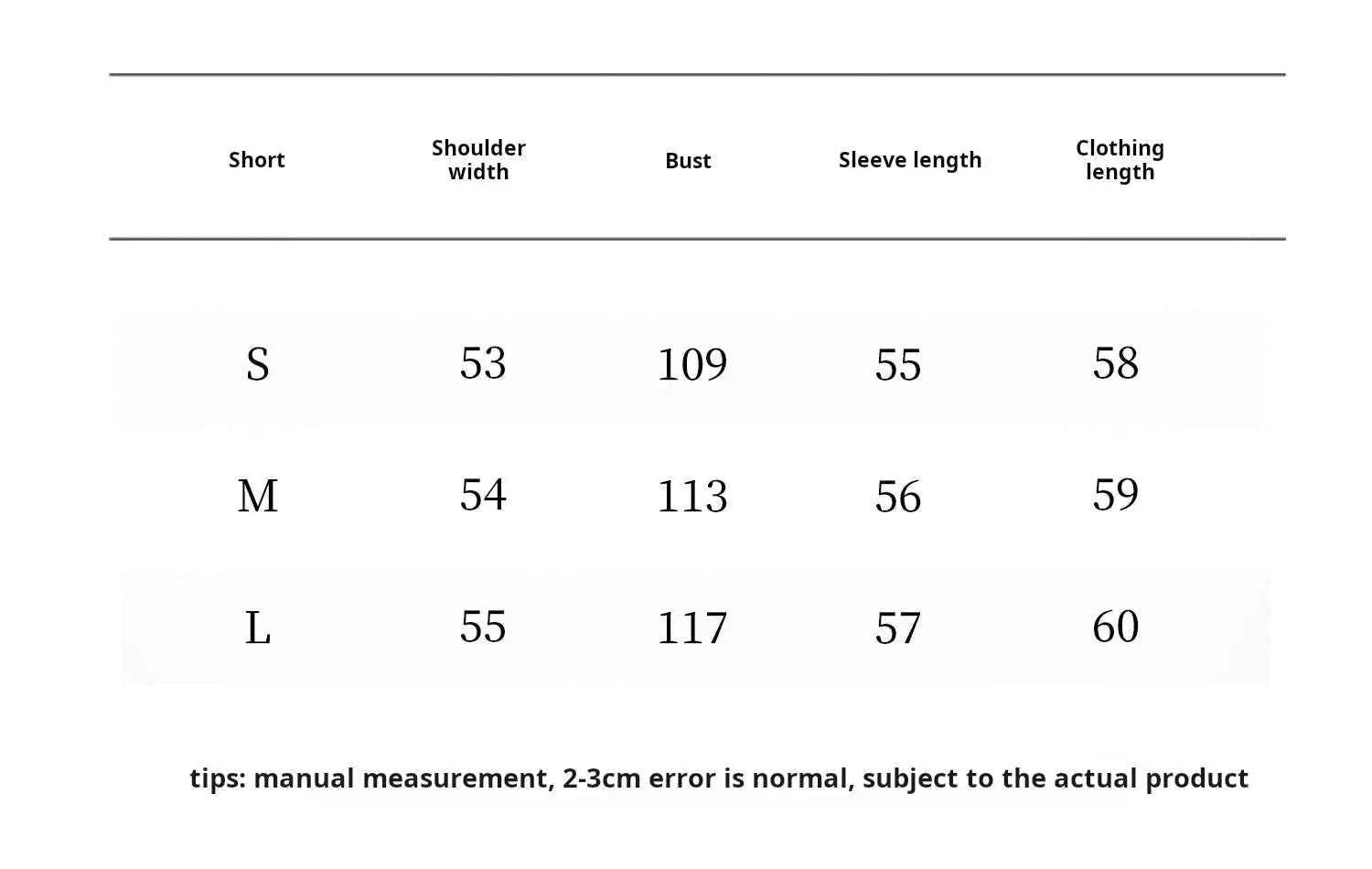 Snowy New Year lamb wool striped jacket measurement chart
