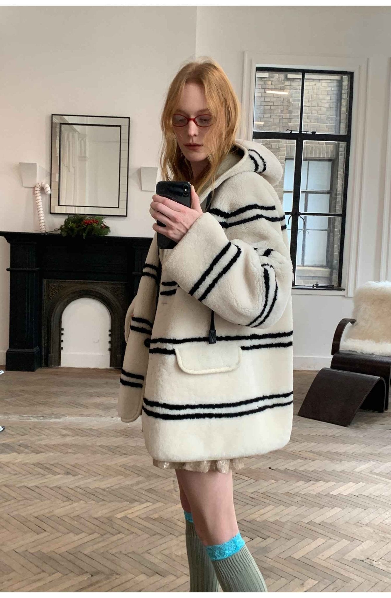 Fireladyfur Women's Lamb Wool Striped Jacket“Snowy New Year” - variant_title